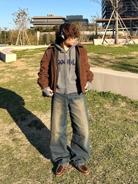 「Zooodle（ズードル）のrogo knit hoodie - ロゴニットフーディー -（パーカー、レッド系）」を使った、りゅうせいさん（メンズ・163cm）の春コーディネート