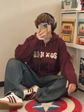 「Zooodle（ズードル）のrogo knit hoodie - ロゴニットフーディー -（パーカー、レッド系）」を使った、りゅうせいさん（メンズ・163cm）の秋コーディネート