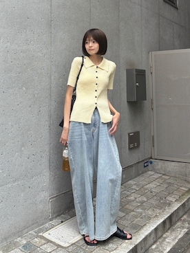 「goocy（グーシー）のブークレMIXポロカーディガン（カーディガン/ボレロ、イエロー系）」を使った、MIZUHOさん（レディース・165cm）の夏コーディネート