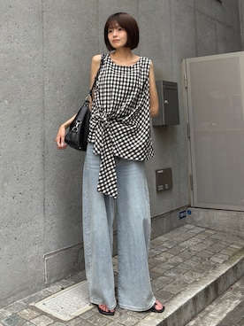 「goocy（グーシー）のアレンジノースリーブブラウス（シャツ/ブラウス、ブラック系）」を使った、MIZUHOさん（レディース・165cm）の夏コーディネート