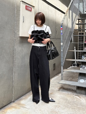 「goocy（グーシー）の【抗菌防臭・冷感】半袖T（Tシャツ/カットソー、ホワイト系）」を使った、MIZUHOさん（レディース・165cm）の夏コーディネート