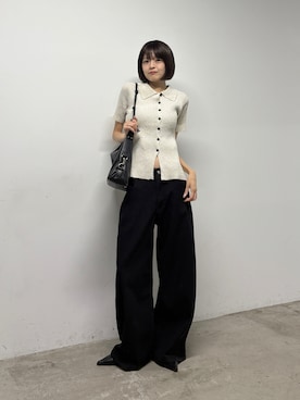 「goocy（グーシー）のブークレMIXポロカーディガン（カーディガン/ボレロ、ホワイト系）」を使った、MIZUHOさん（レディース・165cm）の夏コーディネート