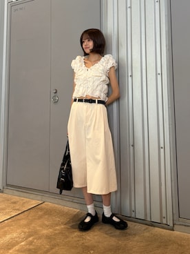 「goocy（グーシー）のマルチWAY半袖シャーリングブラウス（シャツ/ブラウス、ホワイト系）」を使った、MIZUHOさん（レディース・165cm）の夏コーディネート