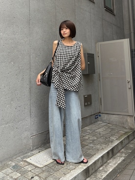 「goocy（グーシー）のアレンジノースリーブブラウス（シャツ/ブラウス、ブラック系）」を使った、MIZUHOさん（レディース・165cm）の夏コーディネート