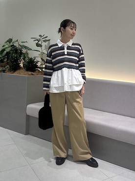 「NATURAL BEAUTY BASIC（ナチュラルビューティーベーシック）のマルチボーダーペプラムニット（ニット/セーター、ブラウン系）」を使った、minaminbbさん（レディース・158cm）の秋コーディネート
