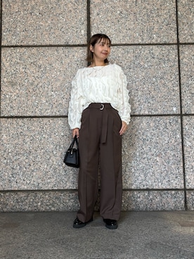 「NATURAL BEAUTY BASIC（ナチュラルビューティーベーシック）の＜ちょうど、いい服＞いつでもどこでも。ロングシーズンワイドパンツ（その他パンツ、ブラウン系）」を使った、minaminbbさん（レディース・158cm）の秋コーディネート
