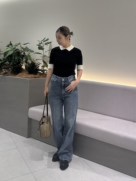 「NATURAL BEAUTY BASIC（ナチュラルビューティーベーシック）のセミフレアデニムパンツ（その他パンツ、ブルー系）」を使った、minaminbbさん（レディース・158cm）の夏コーディネート