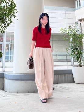 「NATURAL BEAUTY BASIC（ナチュラルビューティーベーシック）のケーブルポロニット（ポロシャツ、レッド系）」を使った、reinaさん（レディース・155cm）の夏コーディネート