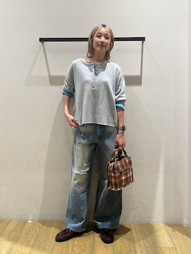 「BAYFLOW（ベイフロー）の起毛チェックロゴスクエアトートバック（トートバッグ、オレンジ系）」を使った、てぃーさん（レディース・169cm）の秋コーディネート