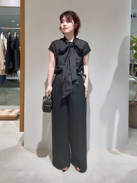 「Whim Gazette（ウィムガゼット）のリネンライクワイドパンツ（その他パンツ、ブラック系）」を使った、wg_iijimaさん（レディース・157cm）の春コーディネート