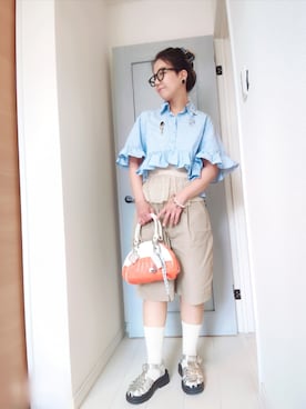 「GU（ジーユー）のアイテム（シャツ/ブラウス、ブルー系）」を使った、アリエル＊さん（レディース・155cm）の夏コーディネート