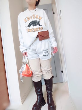 「used@eskiのアイテム（スウェット、ホワイト系）」を使った、アリエル＊さん（レディース・155cm）の春コーディネート