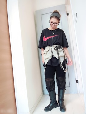 「usedのアイテム（Tシャツ/カットソー、ブラック系）」を使った、アリエル＊さん（レディース・155cm）の夏コーディネート