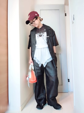「MAISON SPECIAL（メゾンスペシャル）のHalf-Sleeve Sheer Check Jacket/ハーフスリーブシアーチェックジャケット（テーラードジャケット、ブラック系）」を使った、アリエル＊さん（レディース・155cm）の秋コーディネート