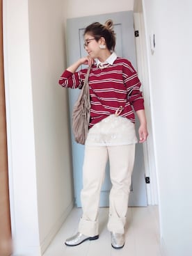「GU（ジーユー）のアイテム（Tシャツ/カットソー、レッド系）」を使った、アリエル＊さん（レディース・155cm）の春コーディネート