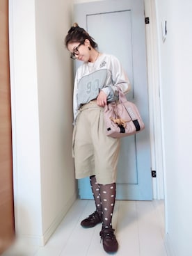 「MAISON SPECIAL（メゾンスペシャル）の2way Double Waist Curve Shorts/2WAYダブルウエストカーブハーフパンツ【MAISON SPECIAL/メゾンスペシャル】（チノパンツ、ベージュ系）」を使った、アリエル＊さん（レディース・155cm）の春コーディネート
