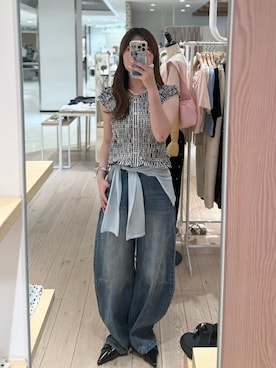 「mystic（ミスティック）の【オフショル可能/4色展開】シャーリングフレンチブラウス（Shirts、ブラック系）」を使った、おりんさん（レディース・161cm）の夏コーディネート