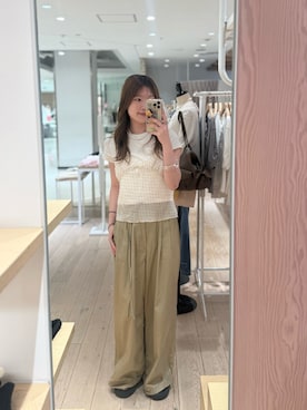 「mystic（ミスティック）のワイドベルトタックパンツ（その他パンツ、ベージュ系）」を使った、おりんさん（レディース・161cm）の夏コーディネート
