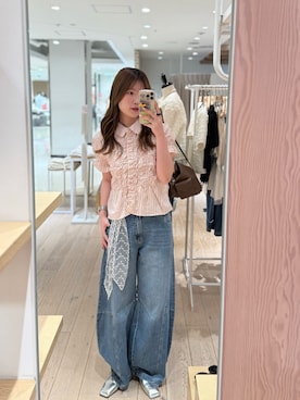 「mystic（ミスティック）の《＠___s_m17 セレクト/IVO》【WEB限定NVY/新色PNK】 シャーリングシェイプシャツ（シャツ/ブラウス、ピンク系）」を使った、おりんさん（レディース・161cm）の夏コーディネート