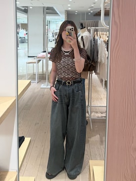 「mystic（ミスティック）のレースメローフレンチT（Tシャツ/カットソー、ブラウン系）」を使った、おりんさん（レディース・161cm）の夏コーディネート