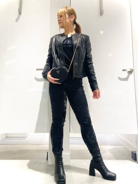 「Guess（ゲス）のアイテム（ライダースジャケット）」を使った、GUESS JAPANさん（レディース・158cm）の春コーディネート