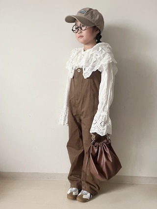 「niko and...（ニコアンド）のボックス刺繍コットンキャップ（キャップ）」を使った、* 𝚝𝚘𝚛𝚒𝚌𝚘𝚝*さん（キッズ・120cm）の春コーディネート