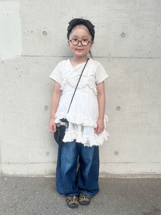 「LOWRYS FARM(ローリーズファーム)のパターンメッシュT 876719(Tシャツ/カットソー)」を使った、* 𝚝𝚘𝚛𝚒𝚌𝚘𝚝*さん(キッズ・120cm)の夏コーディネート