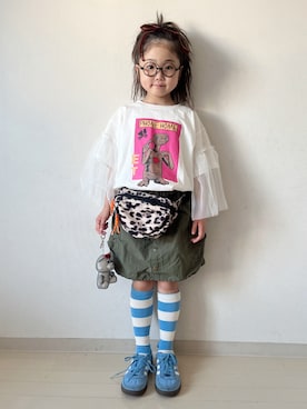 「BAYFLOW（ベイフロー）の[インナーパンツ付♪]バルーンカーゴスカート(KIDS)（スカート、グリーン系）」を使った、* 𝚝𝚘𝚛𝚒𝚌𝚘𝚝*さん（キッズ・120cm）の春コーディネート