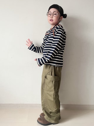 「LOWRYS FARM(ローリーズファーム)のボーダーカット2PLS 1048986(Tシャツ/カットソー)」を使った、* 𝚝𝚘𝚛𝚒𝚌𝚘𝚝*さん(キッズ・122cm)の秋コーディネート