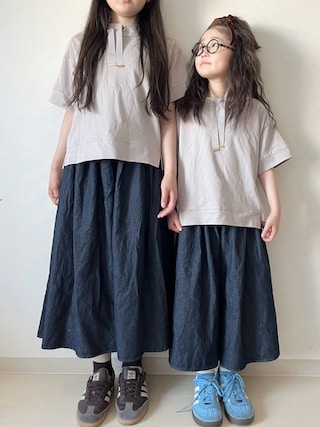 「ikka(イッカ)の【親子コーデ】冷感鹿の子ビジュー付きスピンドルプルオーバー(120~160cm)(Tシャツ/カットソー)」を使った、* 𝚝𝚘𝚛𝚒𝚌𝚘𝚝*さん(キッズ・120cm)の春コーディネート