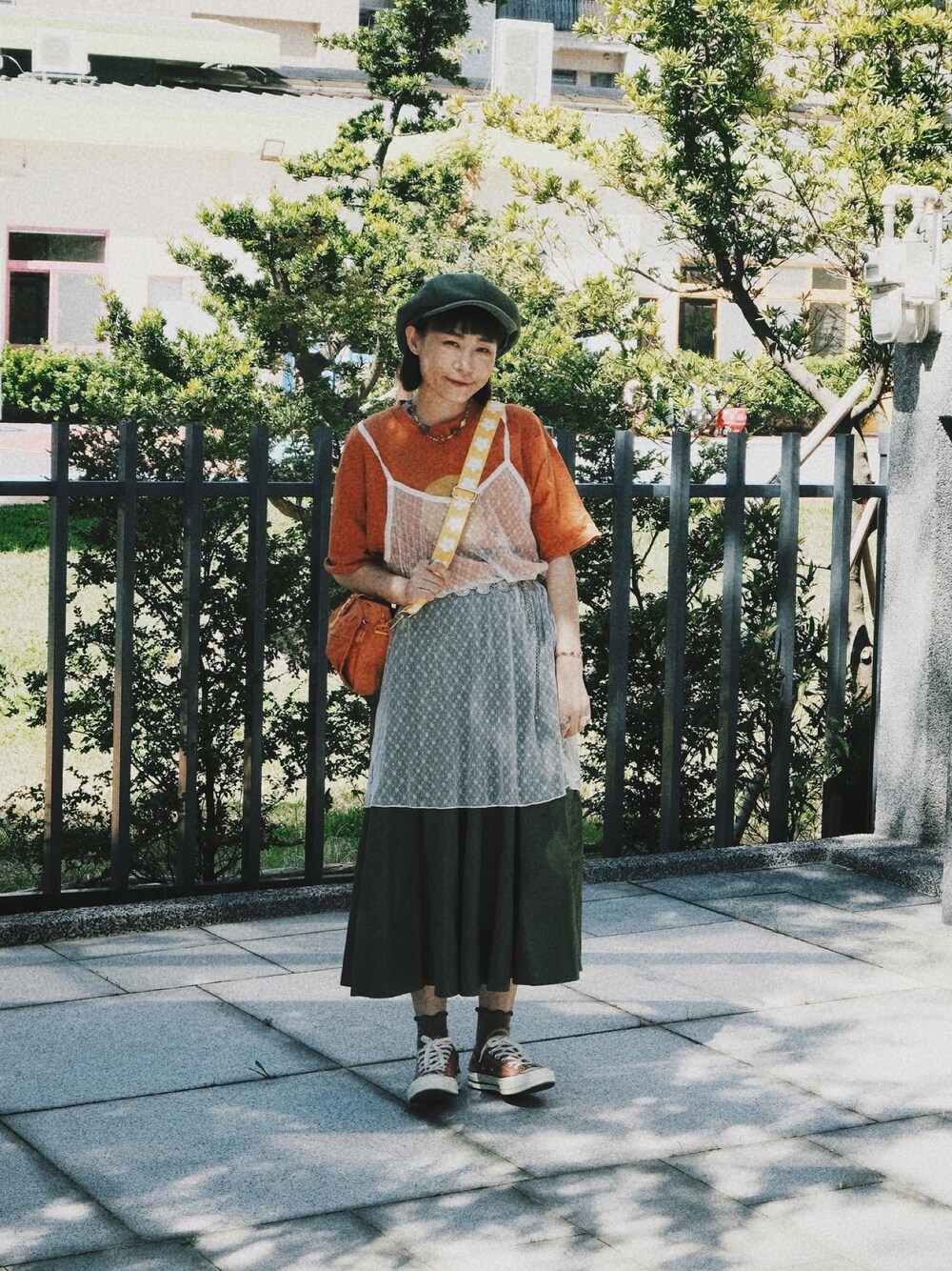 「ootd、街頭穿搭、休閒、夏」｜「CPHのアイテム（キャスケット、グリーン系）」を使った、Yuさん（レディース・158cm）の夏コーディネートの1枚目の写真