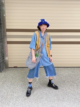 「古着コーデ」｜「アイテム（ノーカラージャケット）」を使った、Yuさん（レディース・158cm）の秋コーディネート
