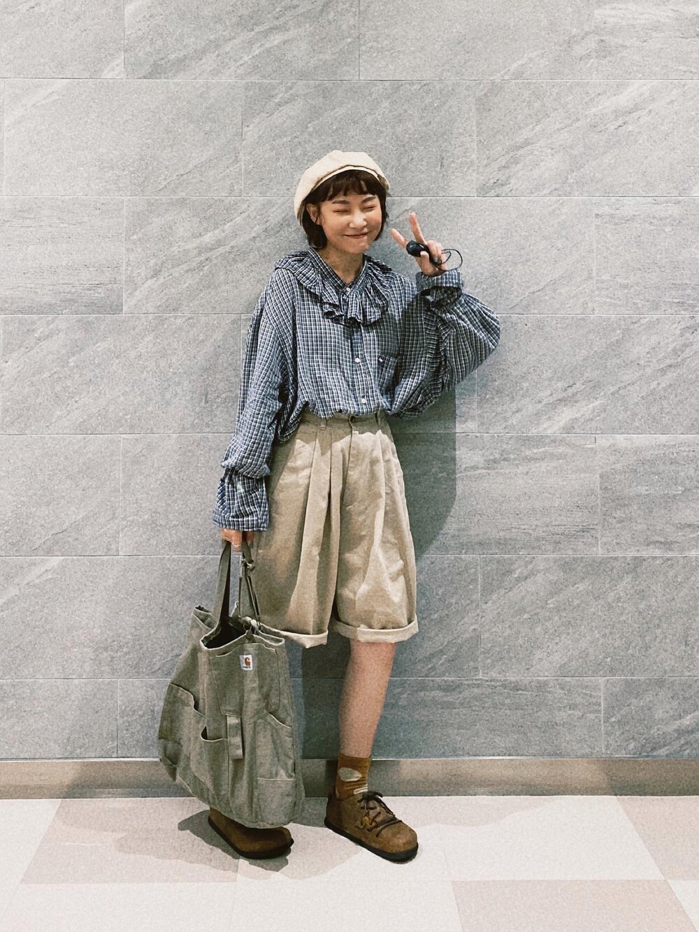 「ootd、復古、休閒、vintage、古着、古着MIX、古着コーデ、古着好きな人と繋がりたい、古着女子」｜「BIRKENSTOCKのアイテム（シューズ、ブラウン系）」を使った、Yuさん（レディース・158cm）の秋コーディネートの1枚目の写真
