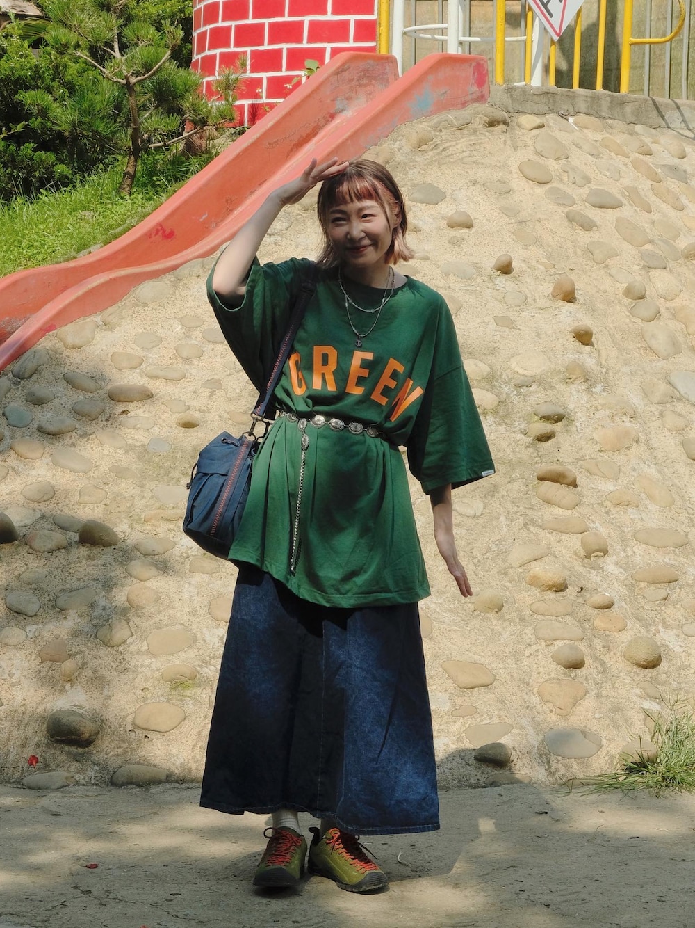 「夏コーデ、休日スタイル、ootd、低身長、plain-me、JKS shop、低身長女子」｜「plain-meのアイテム（ドラムバッグ、ブルー系）」を使った、Yuさん（レディース・158cm）の夏コーディネートの1枚目の写真