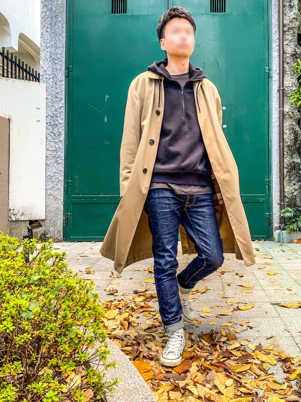 「mackintoshlondon、MACKINTOSH、converse、PEANUTS、SNOOPY、UNIQLO+J、王道コーデ、王道スタイル」｜「Nudie JeansのLEAN DEAN/Dry 16 Dips(レングス３０）（デニムパンツ、ブルー系）」を使った、iamhmさん（メンズ・171cm）の秋コーディネートの1枚目の写真