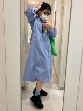 「ブルーコーデ」｜「アイテム（シャツワンピース）」を使った、マさん（レディース・162cm）の秋コーディネート