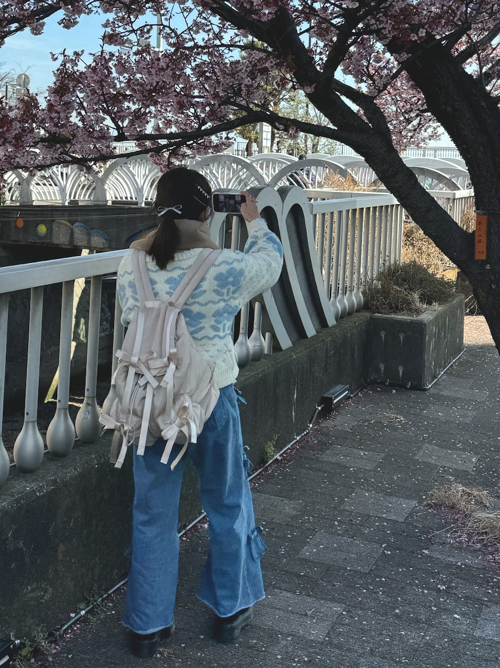 ブルー系のデニムパンツ、ベージュ系のバックパック/リュック、ホワイト系のカーディガン/ボレロを着用したレディースの冬コーディネートの1枚目の写真