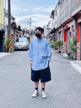「plain-me（プレインミー）のアイテム（カーゴパンツ）」を使った、33さん（メンズ・155cm）の夏コーディネート