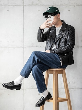 「アンクルパンツ」｜「アイテム（ライダースジャケット）」を使った、しゅんたろーさん（メンズ・177cm）の秋コーディネート