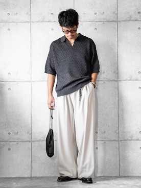 「WYM LIDNM（ウィム バイ リドム）のJACQUARD MESH H/S KNIT POLO（ポロシャツ）」を使った、しゅんたろーさん（メンズ・177cm）の夏コーディネート