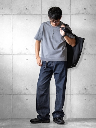 「WYM LIDNM（ウィム バイ リドム）のT/C COMPACT KNIT HENLEY TEE（Tシャツ/カットソー）」を使った、しゅんたろーさん（メンズ・177cm）の秋コーディネート