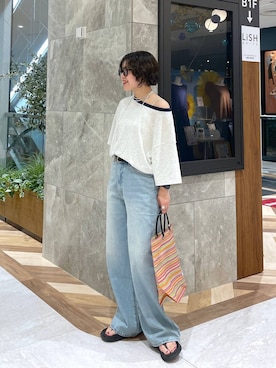 「JEANASIS（ジーナシス）のアソートリンガーボートネックTEE SS/1051164（Tシャツ/カットソー、グレー系）」を使った、yukiさん（レディース・155cm）の夏コーディネート