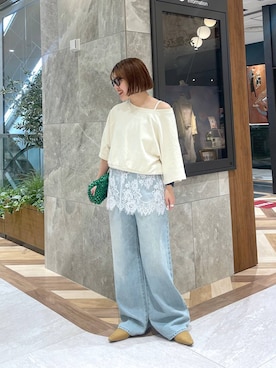 「JEANASIS（ジーナシス）のビーズミニショルダーBAG/642594（ハンドバッグ、グリーン系）」を使った、yukiさん（レディース・155cm）の春コーディネート