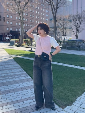 「eL（エル）の【eL】Loose wide Denim Pants/246474（デニムパンツ、ブラック系）」を使った、yukiさん（レディース・155cm）の春コーディネート