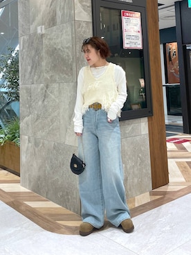 「JEANASIS（ジーナシス）のアシメギャザーボートネックLS/594167（Tシャツ/カットソー、ホワイト系）」を使った、yukiさん（レディース・155cm）の春コーディネート