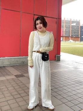 「JEANASIS（ジーナシス）のフレームバックルベルト/634535（ベルト、ベージュ系）」を使った、yukiさん（レディース・155cm）の春コーディネート