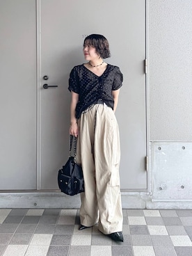 「JEANASIS（ジーナシス）のチェーンハンドルキンチャクBAG/1023355（ショルダーバッグ、ブラック系）」を使った、yukiさん（レディース・155cm）の夏コーディネート