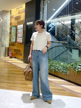 「eL（エル）の【eL】Loose wide Denim Pants/246474（デニムパンツ、ブルー系）」を使った、yukiさん（レディース・155cm）の春コーディネート