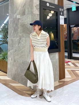 「eL（エル）の【eL】Compact Polo NS/329530（Tシャツ/カットソー、ホワイト系）」を使った、yukiさん（レディース・155cm）の春コーディネート