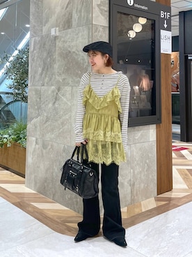 「JEANASIS（ジーナシス）のマルチボーダーヘンリーLST/589935（Tシャツ/カットソー、ホワイト系）」を使った、yukiさん（レディース・155cm）の春コーディネート